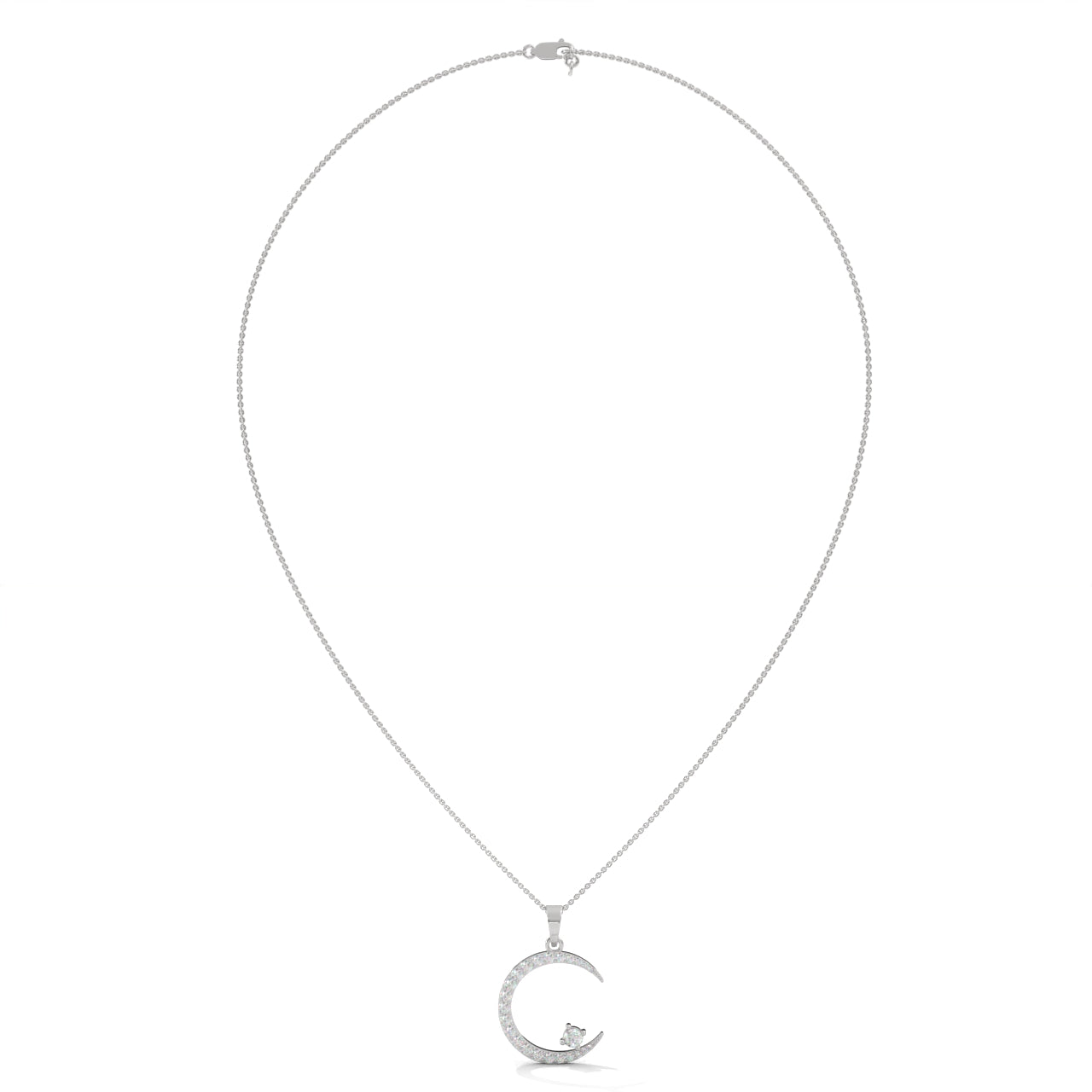 Small  Crescent Moon Silver Diamond Necklace