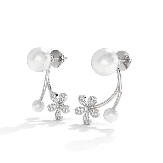 Diamond & South Sea Pearl Drop Silver Earrings