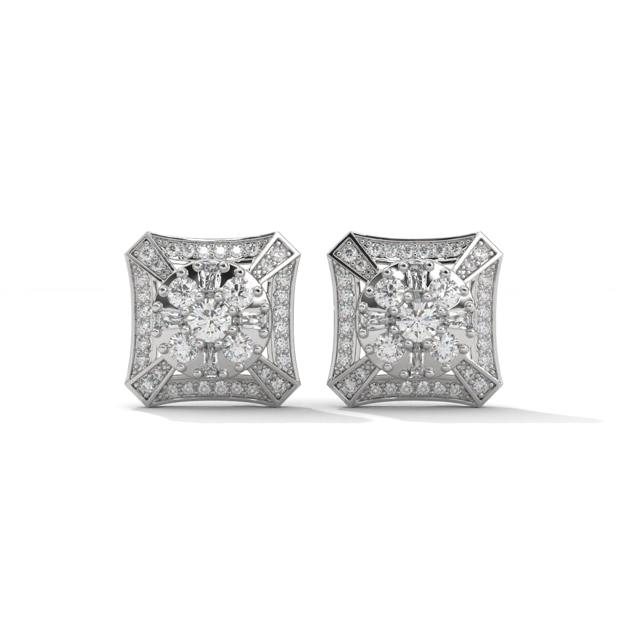 Studded Zircons Square Silver Earrings