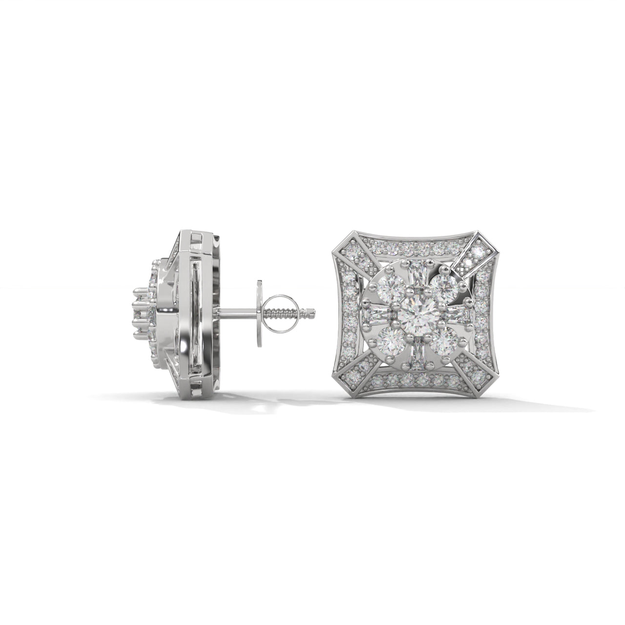 Studded Zircons Square Silver Earrings