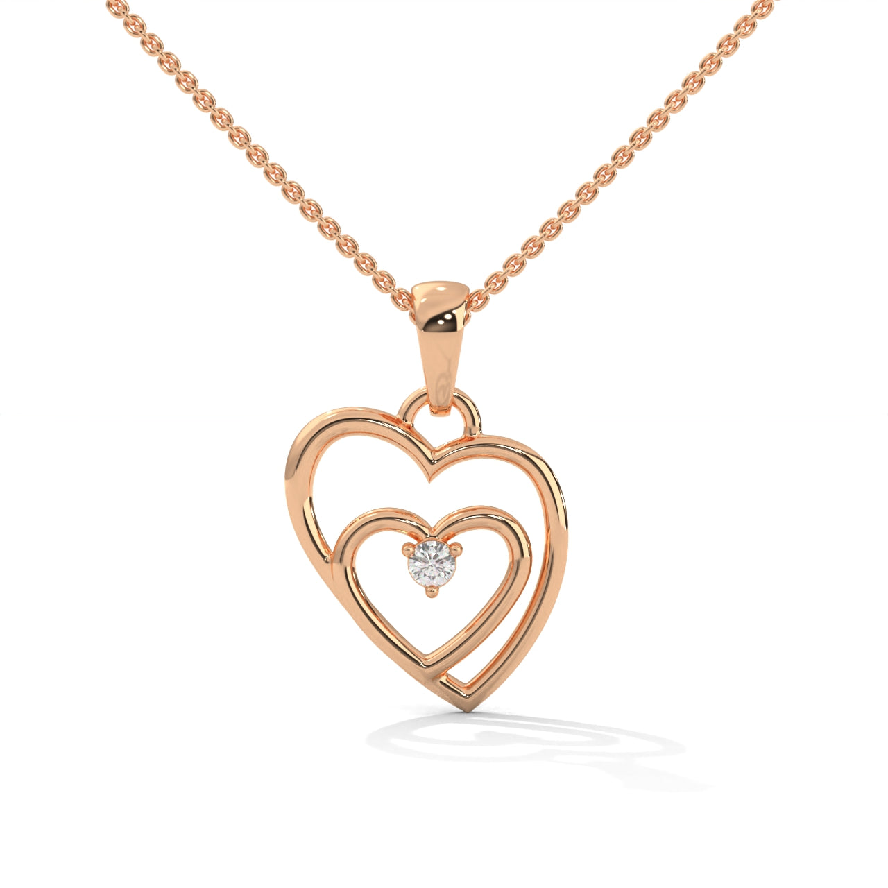 Sophisticated Double Heart With One Diamond Silver Necklace