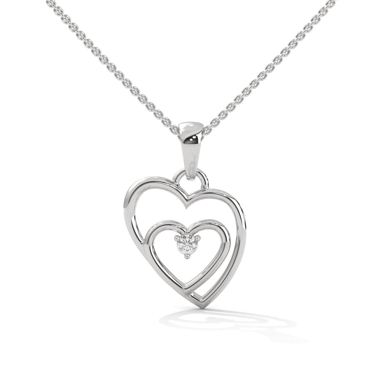 Sophisticated Double Heart With One Diamond Silver Necklace