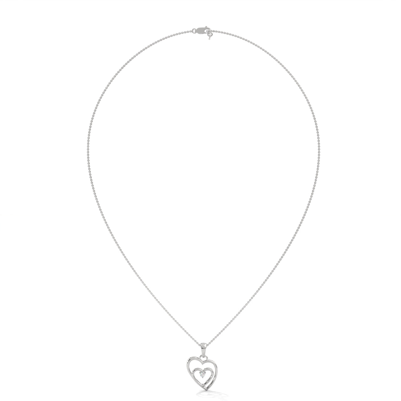 Sophisticated Double Heart With One Diamond Silver Necklace