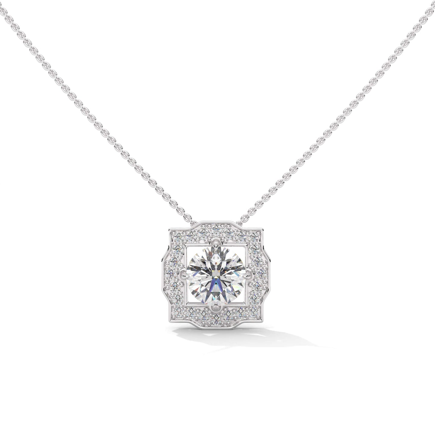 Silver Princess Cut Diamond Halo Pendant Necklace 