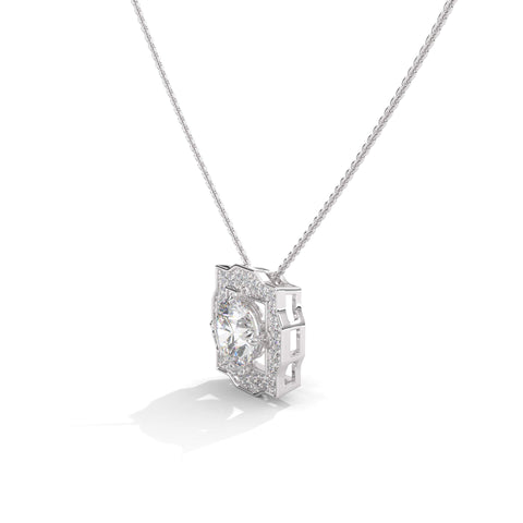 Silver Princess Cut Diamond Halo Pendant Necklace 