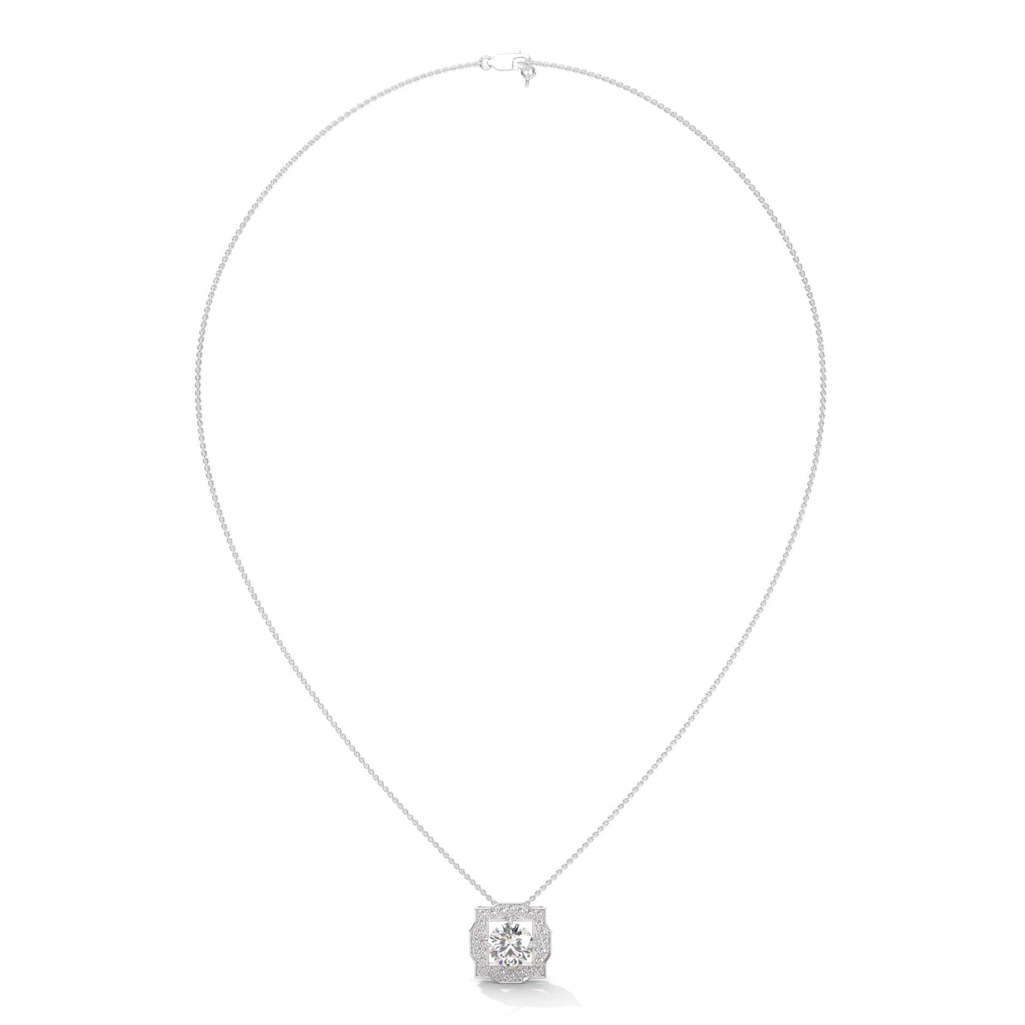 Silver Princess Cut Diamond Halo Pendant Necklace 