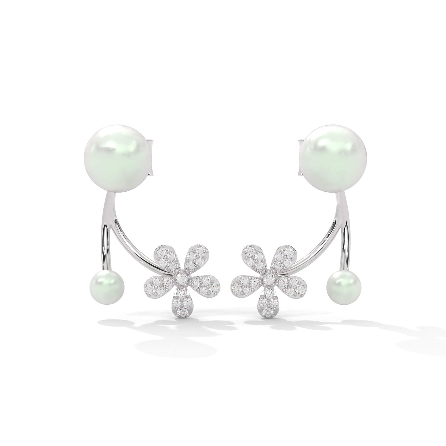 Floral Bejeweled Stud Earrings - Dainty Flower Pearl Earrings