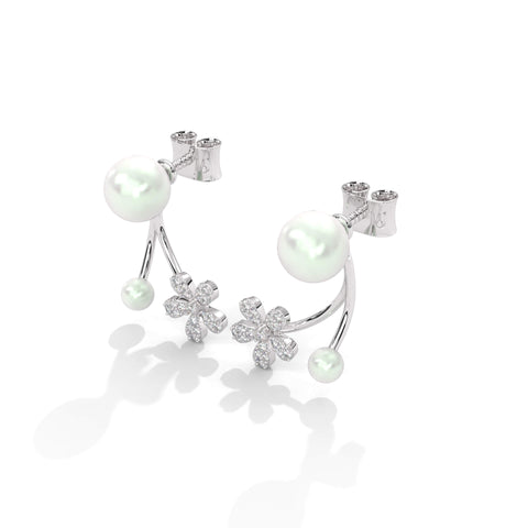 Floral Bejeweled Stud Earrings - Dainty Flower Pearl Earrings