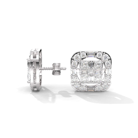 Square Diamond Shaped Stud Silver Earrings