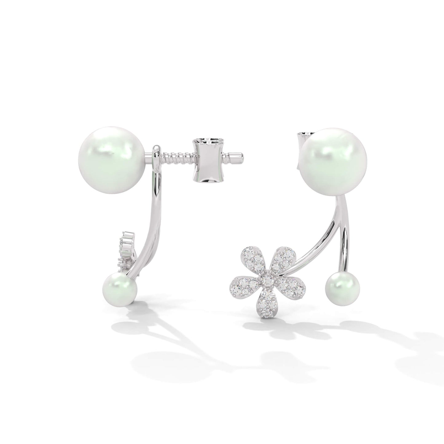 Floral Bejeweled Stud Earrings - Dainty Flower Pearl Earrings