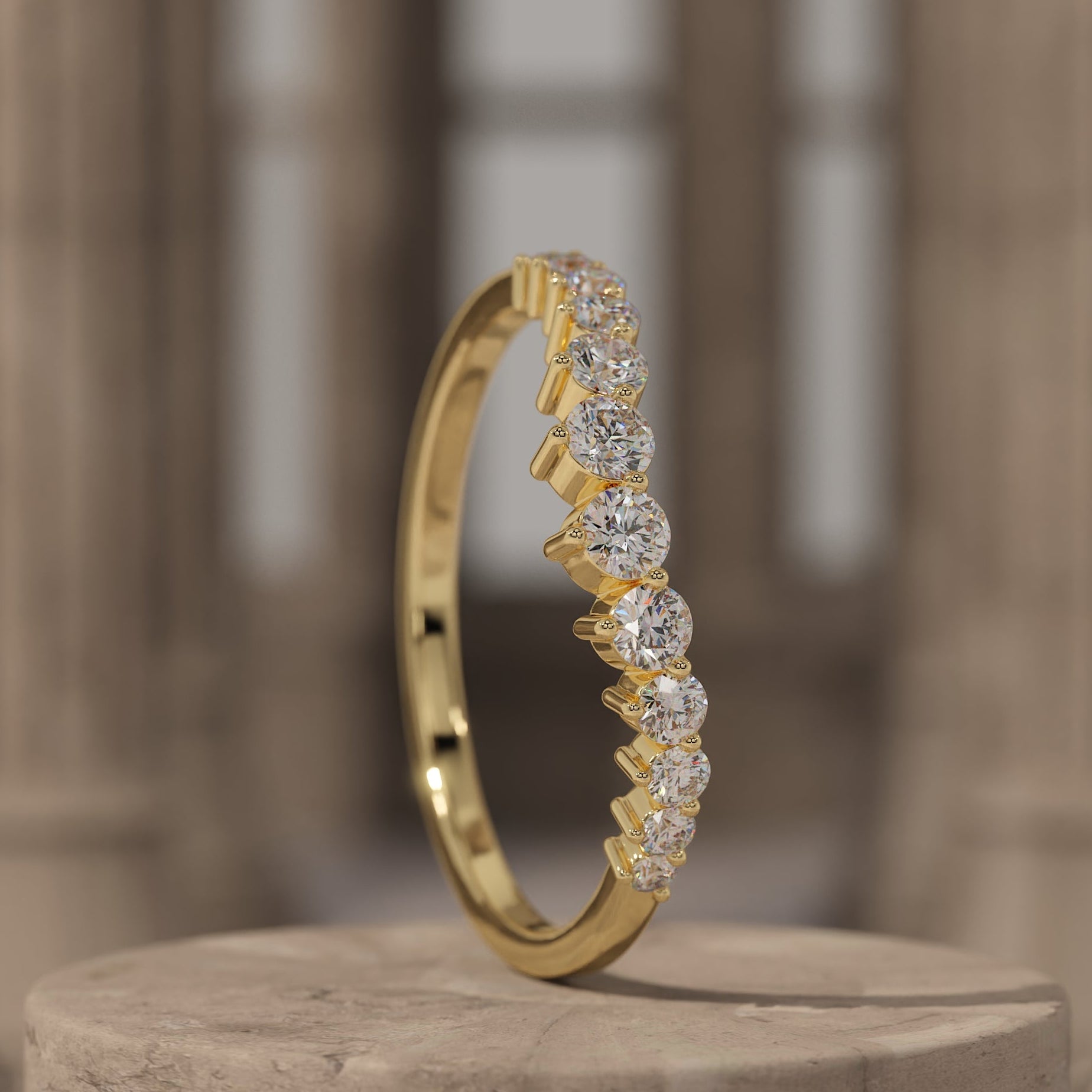 Minimalist Round Diamond Curved Wedding Band 14k Yellow Gold Round Lab Grown Promise Ring Unique Matching Stacking Ring by Breeliq