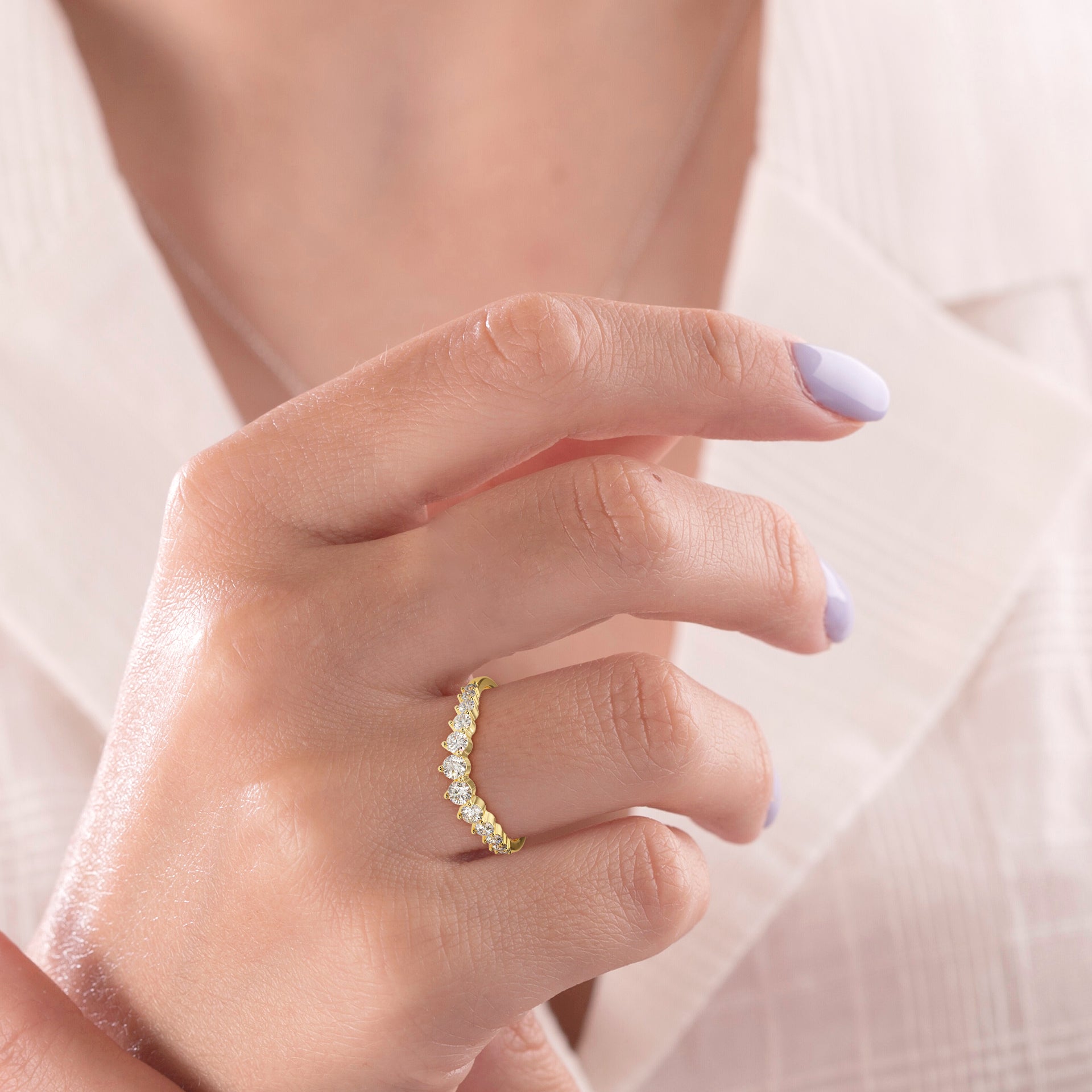 Minimalist Round Diamond Curved Wedding Band - 14k Yellow Gold Round Lab Grown Promise Ring - Unique Matching Stacking Ring by Breeliq