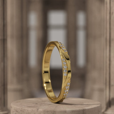 Pave Diamond Wedding Band, Solid Gold Wavy Ring