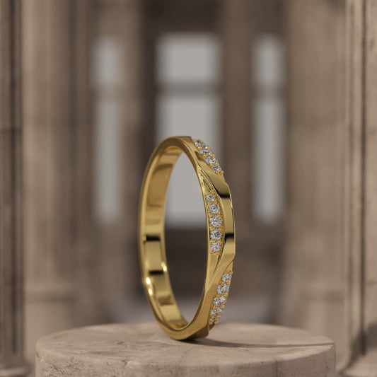 Pave Diamond Wedding Band, Solid Gold Wavy Ring