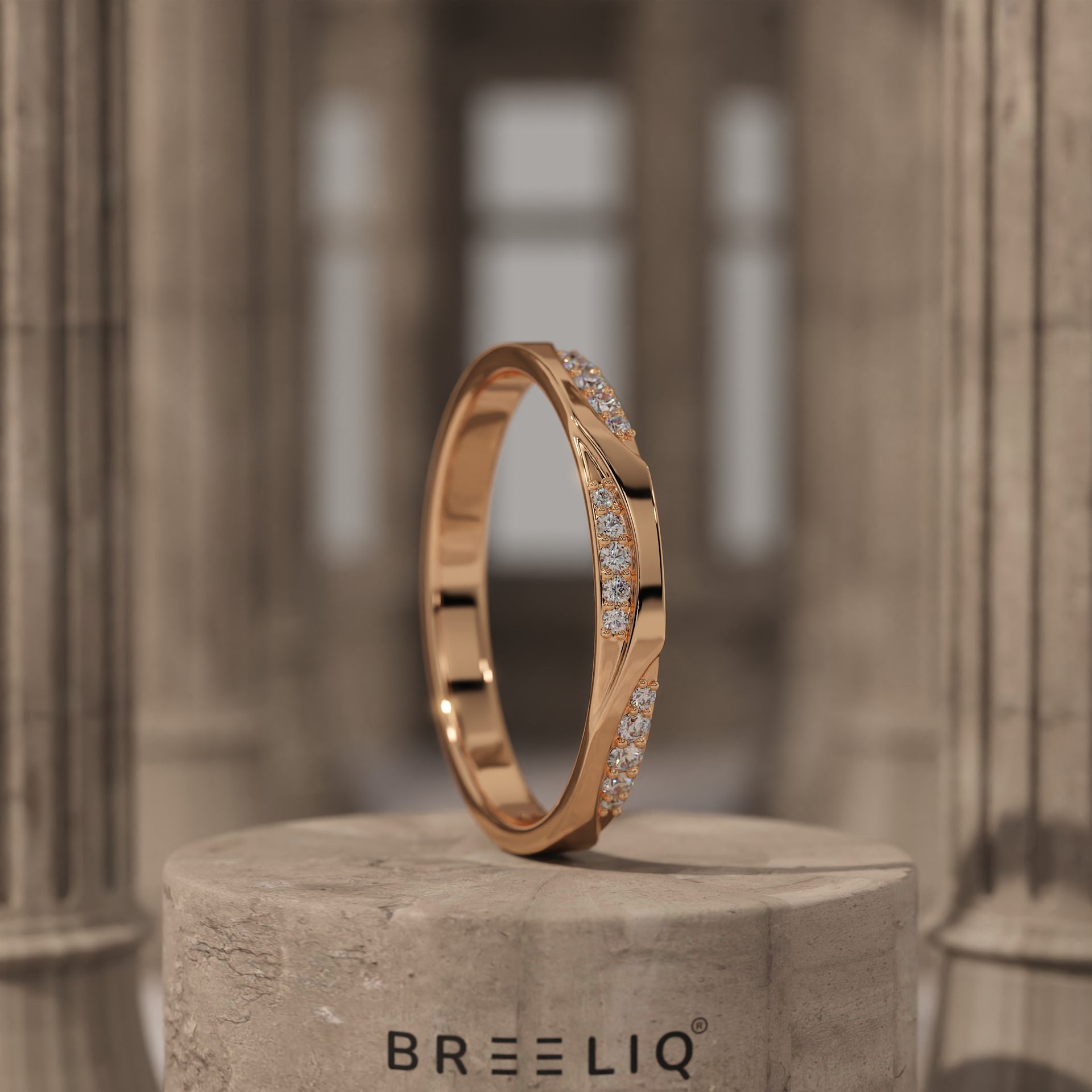 Pave Diamond Wedding Band, Solid Gold Wavy Ring