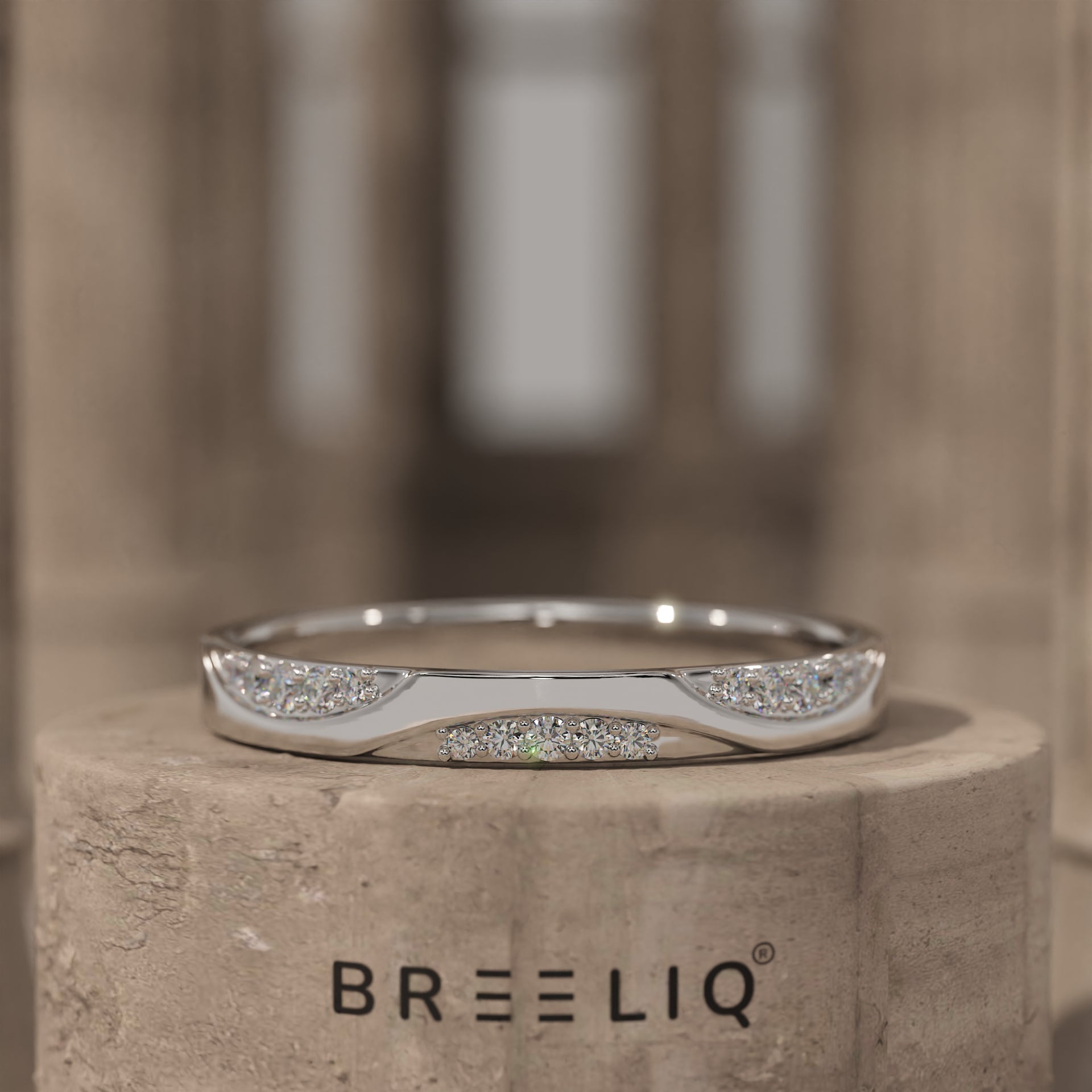 Pave Diamond Wedding Band, Solid Gold Wavy Ring