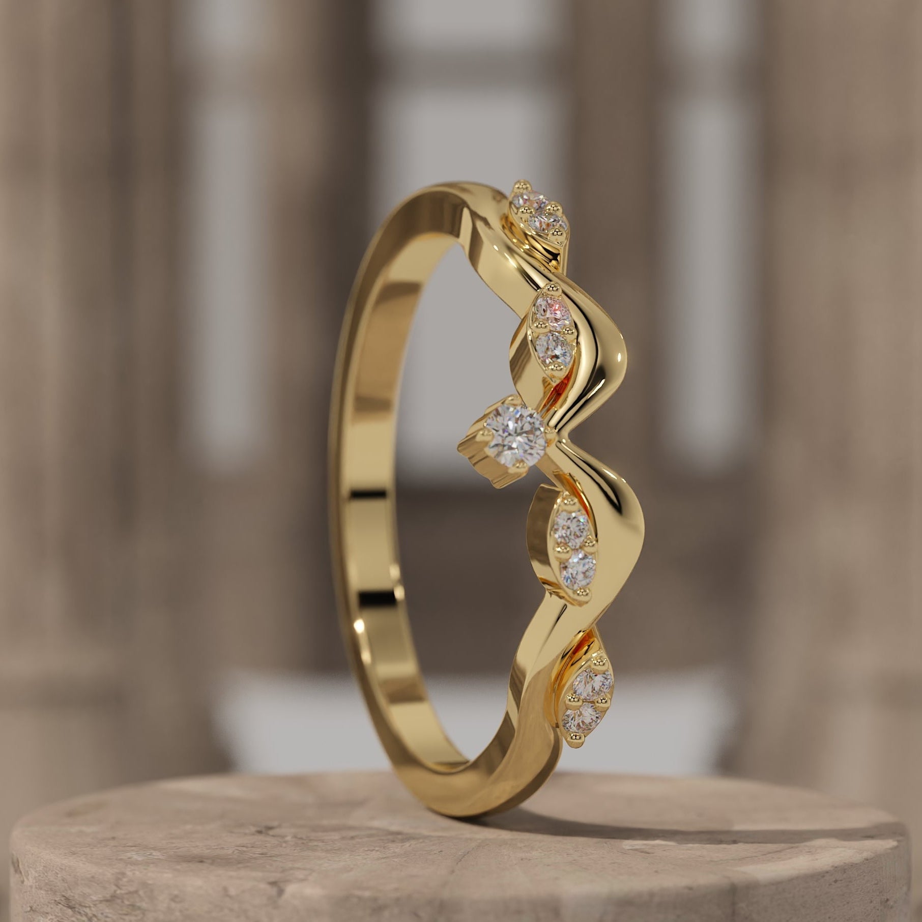 Olive Branch Diamond Curved Wedding Band