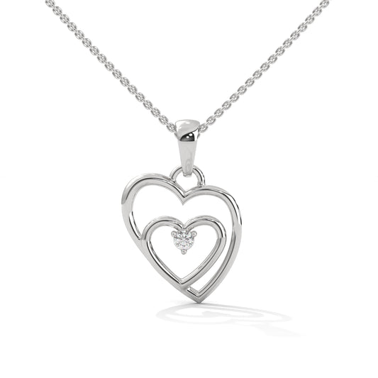 Sophisticated Double Heart With One Diamond Silver Necklace